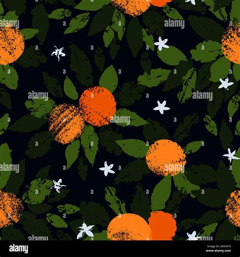 Hand Drawn Seamless Pattern Of Orange Fruit With Leaves In The Stamp