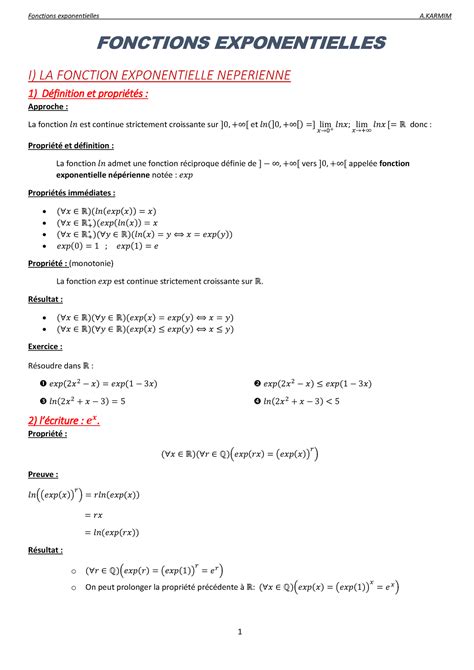 Cours Fonctions Exponentielles Fonctions Exponentielles I La Fonction Exponentielle