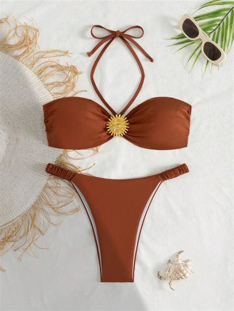 SHEIN Swim Vcay Conjunto de Maiô Bikini Sexy Feminino Alça de Pescoço para Praia e Férias de