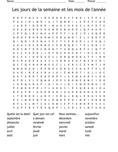 Les jours de la semaine et les mois de l année Word Search WordMint