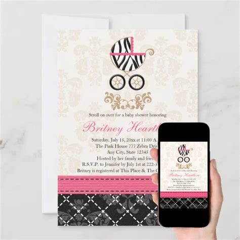 Hot Pink And Black Zebra Carriage Baby Shower Invitation Zazzle