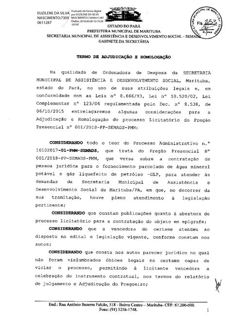 Termo De Adjudicacao E Homologacao Prefeitura Municipal