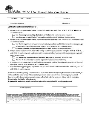 Fillable Online Paloverde Enrollment History Verification Form Palo