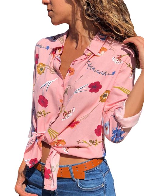 Pink Floral Print Long Sleeve Turn Down Collar Loose Button Down Shirt