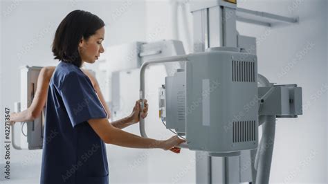 Hospital Radiology Room Beautiful Multiethnic Woman Standing Topless Next To X Ray Machine