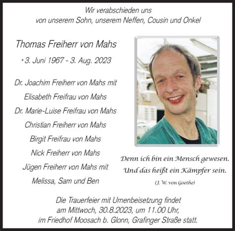 Traueranzeigen Von Thomas Freiherr Von Mahs SZ Gedenken De