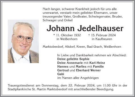 Traueranzeigen von Johann Jedelhauser Allgäuer Zeitung