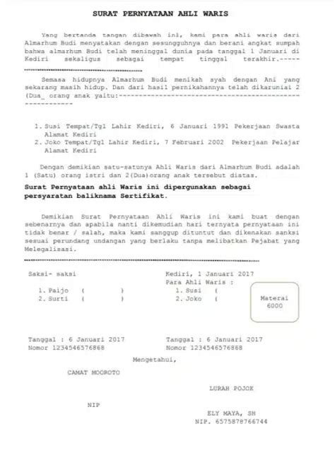 surat keterangan ahli waris syarat  mengurus contohnya
