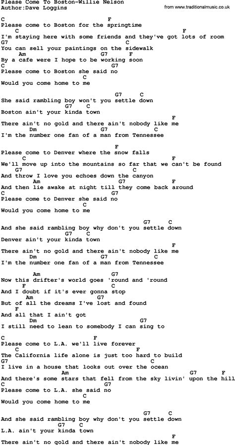 Country Music:Please Come To Boston-Willie Nelson Lyrics and Chords