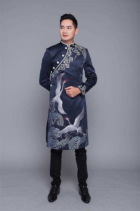 Navy Blue Hand Embroidered Ao Dai For Men Vietnamese Clothing Ao Dai