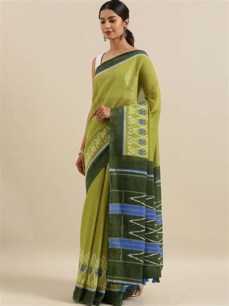 Buy The Chennai Silks Classicate Green Printed Linen Blend Saree