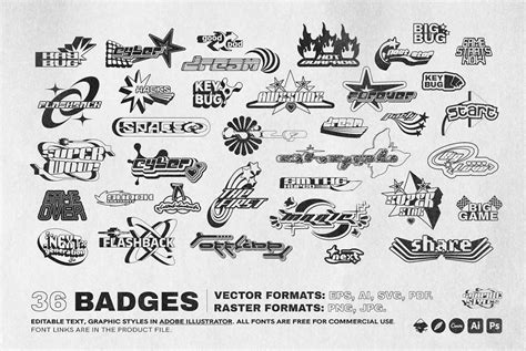 240款复古千禧风y2k徽章logo图标设计酸性矢量图形素材套装 Y2k 240 Shapes Badges Graphic Styles 我