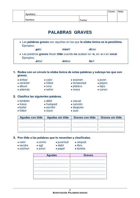 Palabras Agudas Graves Esdrujulas Ejercicios