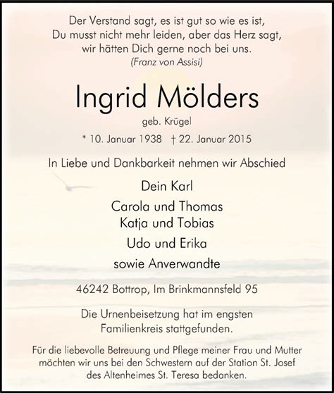 Traueranzeigen von Ingrid Mölders Trauer in NRW de