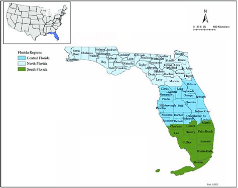 Map of Florida: counties and three Florida's regions (north, central ...