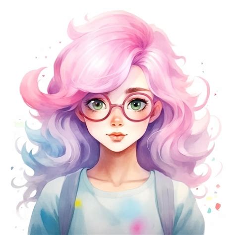 Premium Photo | A girl with pink hair and glasses with a rainbow on her ...