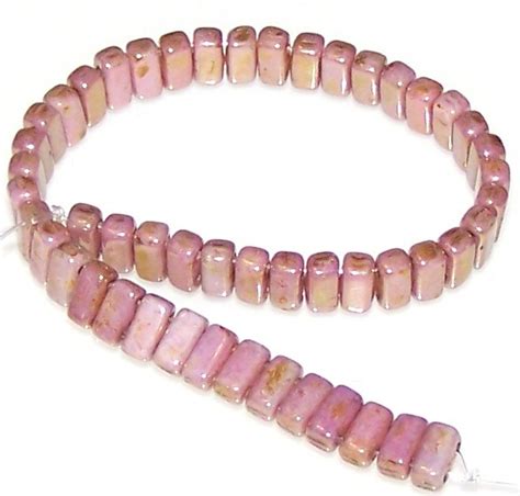 25 Czech Glass 2 Hole 3x6mm Brick Beads Opaque Rose Gold Topaz Luster