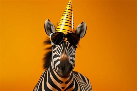 Premium AI Image Zebra Wearing Party Hat And Sunglasses On Yellow