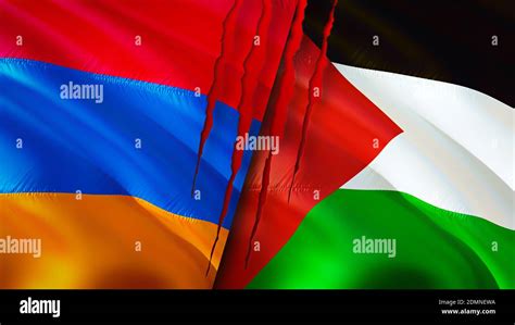 Armenia And Palestine Flags With Scar Concept Waving Flag 3D Rendering