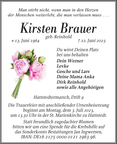 Traueranzeigen Von Kirsten Brauer Sh Z Trauer