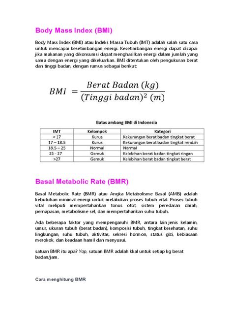 Body Mass Index Bmi Cara Menghitung Bmr Pdf