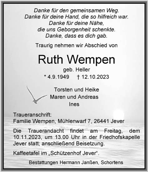 Traueranzeigen Von Ruth Wempen Nordwest Trauer De