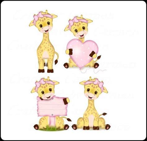 Four Giraffes With Pink Bows On Their Heads And One Is Holding A Heart