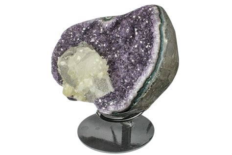 6 4 Amethyst Geode Section With Calcite On Metal Stand Uruguay