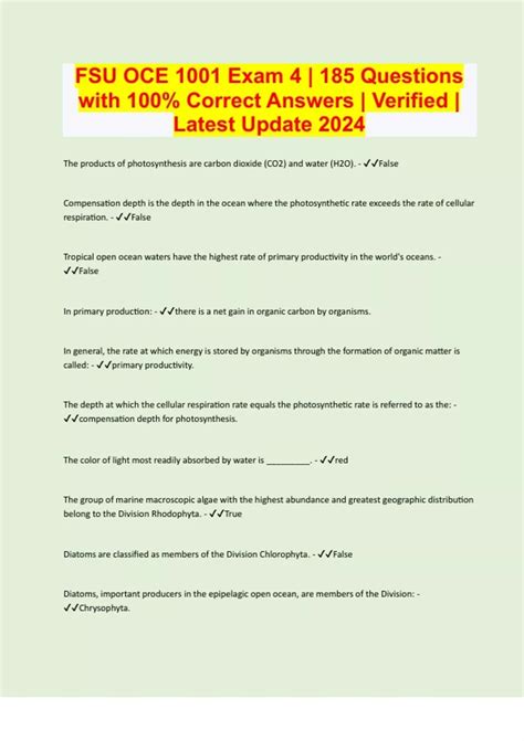 FSU OCE 1001 Exam 4 | 185 Questions with 100% Correct Answers