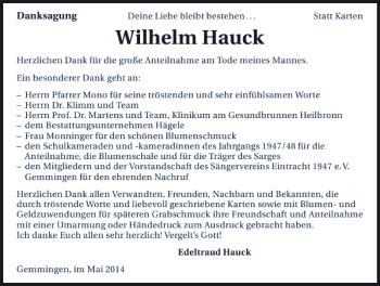 Traueranzeigen Von Wilhelm Hauck Trauerundgedenken De