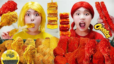 Mukbang 하이유의 직접 만든 치토스 양념치킨 치즈스틱 치즈볼 뿌링클 치킨 먹방 Red Vs Yellow Color