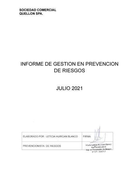 Informe DE Gestion EN Prevencion DE Riesgos QUELLON SPA INFORME DE