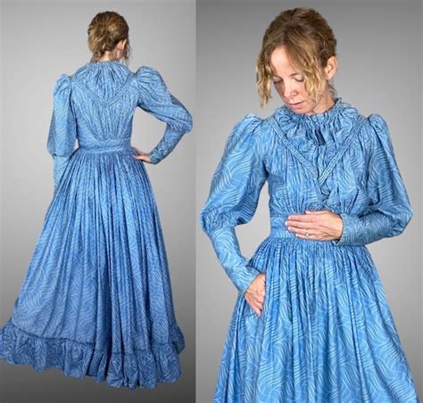 S Day Dress Antique Victorian Edwardian Blue Whi Gem