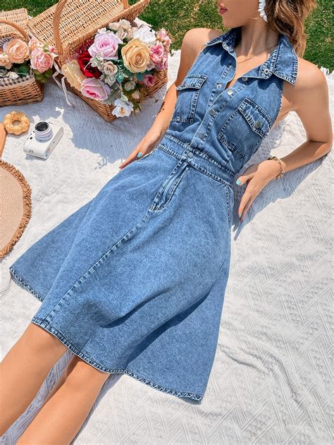 Flap Pocket Backless Halter Denim Dress Denim Dress Style Denim