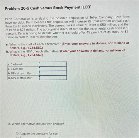 Problem Cash Versus Stock Payment Lus Penn Chegg