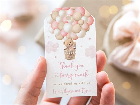 Editable Pink Teddy Bear Hot Air Balloon Favor Tag Thank You Tag Bear