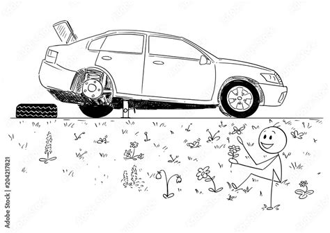 Cartoon stick man drawing conceptual illustration of man repairing broken car and founding ...