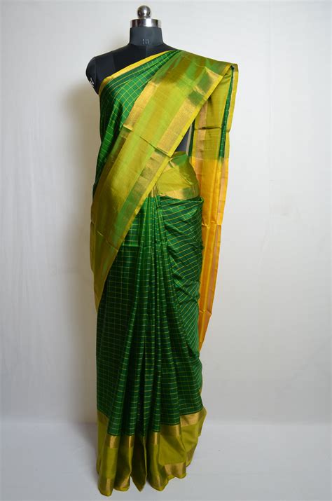 Dark Green And Yellow Checks Uppada Silk Saree Sari