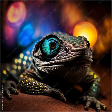 Cartoon Close up Portrait of a Cute Funny Baby Monitor Lizard Closeup on a Colored Background ...