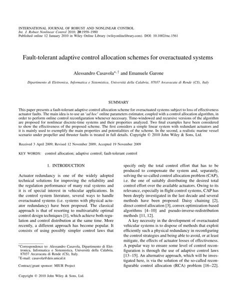 Pdf Fault Tolerant Adaptive Control Allocation Schemes For