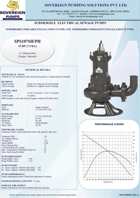 SEWAGE PUMP SPS107SH 10 HP 7 5 KW Submersible Electrical Sewage Pump