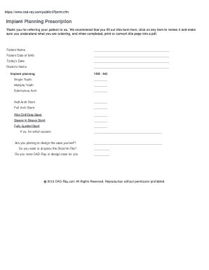 Fillable Online Implant Planning Prescription Cad Ray Fax Email