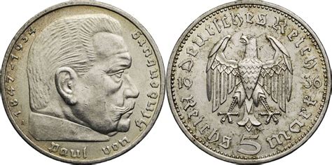 Drittes Reich 5 Reichsmark 1936 A Hindenburg Kursmünze 1935 1936 VF