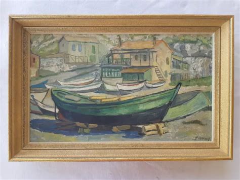 ANCIEN TABLEAU BÂTEAUX PORT chantier NAVAL bord de MER peinture Bruno