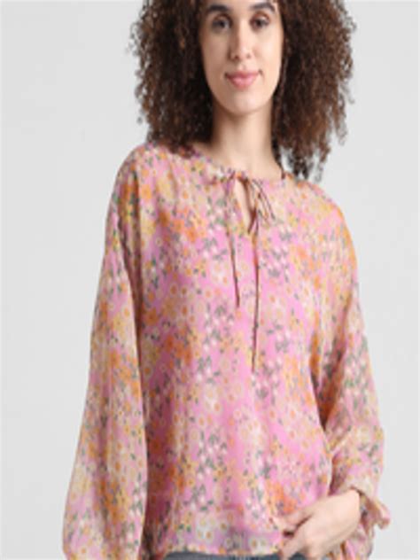 Buy Only Pink Floral Printed Tie Up Neck Puff Sleeves Chiffon Top