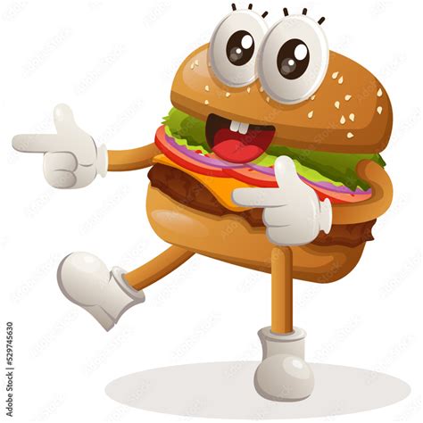 Cute Burger Mascot Design Playful With Pointed Hand Burger Cartoon