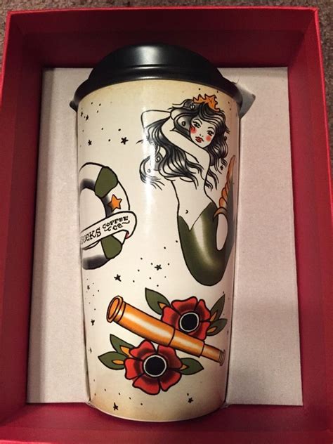 Starbucks Vintage Tattoo Mermaid Siren Ceramic Travel Mug Tumbler