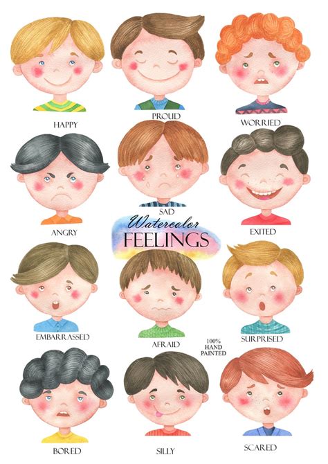 Watercolor Emotions Clipart Feelings Clip Art Boy Faces Montessori