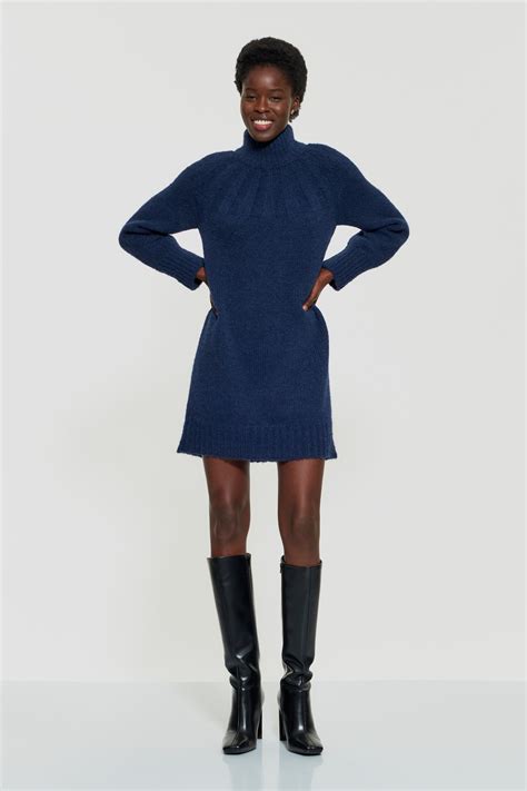 Blue Wool Mini Dress Wool Roll Neck Dress Antik Batik