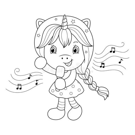 Coloring Page Outline Cartoon Girl Singing Song Stock Illustrations